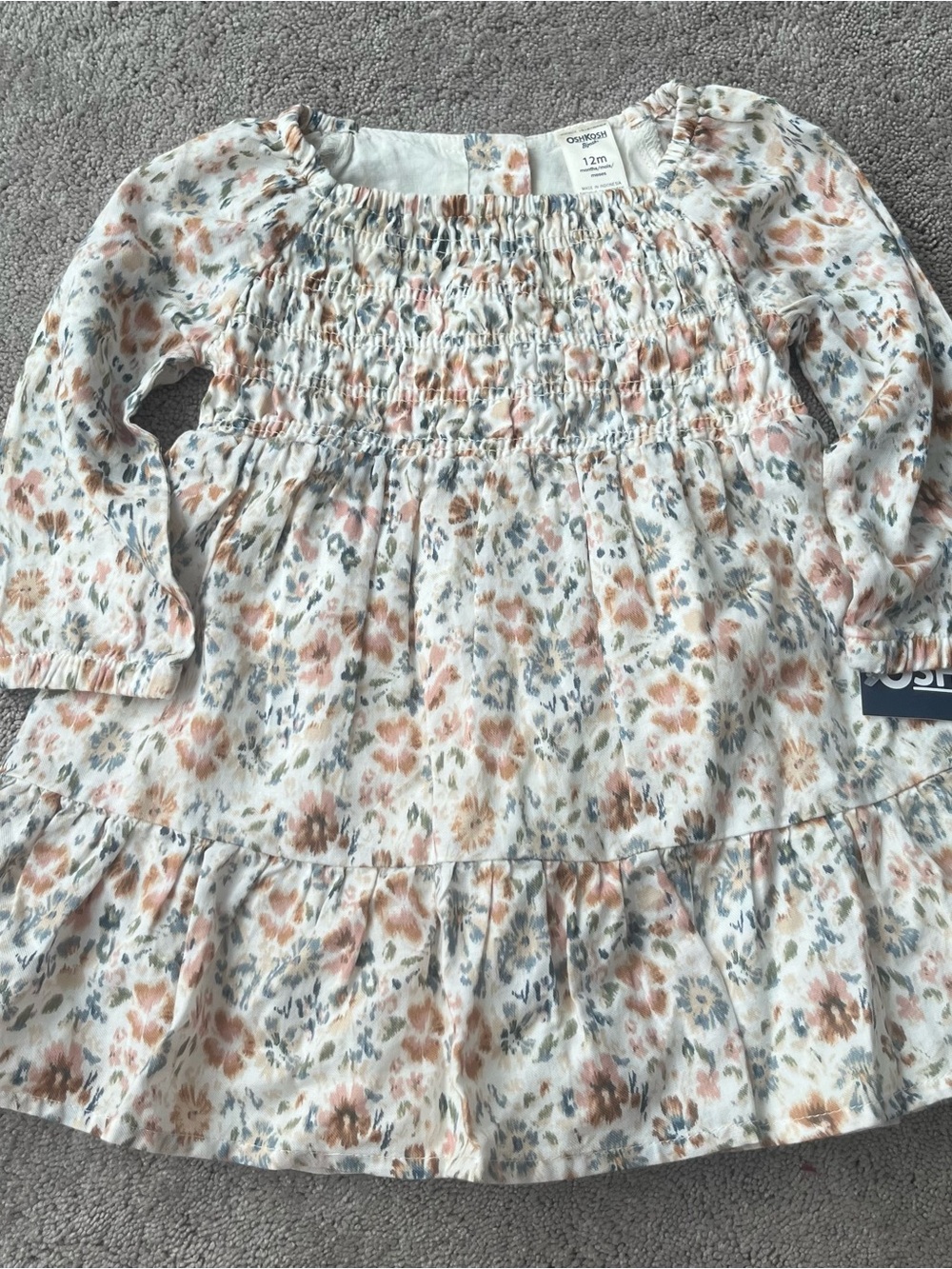 OshKosh B'gosh Cream Floral Smocked Long-Sleeve Dress